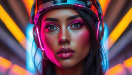 Fototapeta premium A young woman wearing a futuristic headset poses against a vibrant neon backdrop, showcasing a stylish and modern appearance
