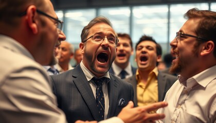 Obraz premium A group of businessmen passionately debating in a lively office environment during a corporate event in the afternoon