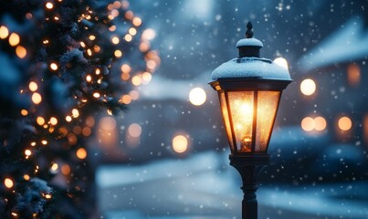 Christmas lights wrapped around a snow-dusted lamppost in a small village