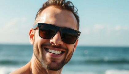 A man with sunglasses enjoys a sunny day at the beach, smiling brightly with ocean waves in the background