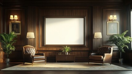 Elegant office with a blank screen on the wall