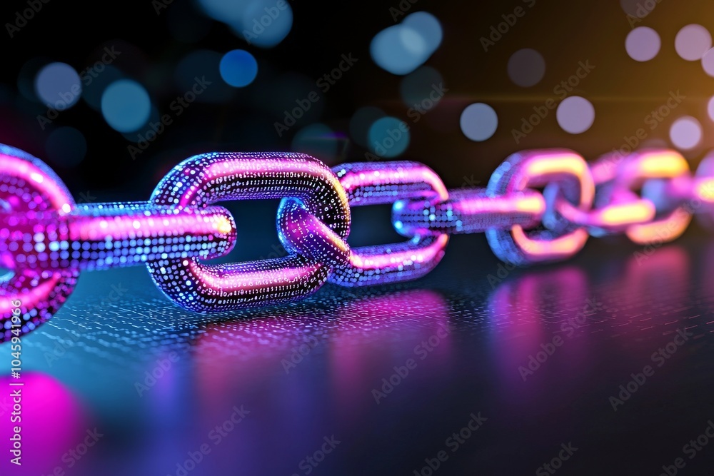 Wall mural there is a shimmering purple network of light linked by a glowing blue chain built of digital code