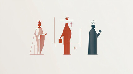 A minimalist, abstract illustration of the Three Wise Men, each holding a gift and wearing crowns, depicted in muted red and blue tones on a light background, symbolizing the traditional Epiphany stor
