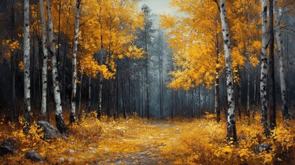 Obraz premium Forest glade with yellow leaves