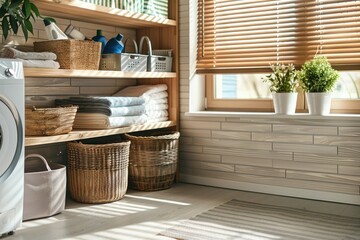 A beautifully organized laundry room with a washing machine, baskets, and plants, illuminated by natural light.