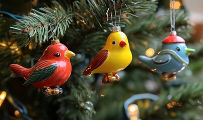 A tree with a bunch of Christmas ornaments hanging from it. The ornaments are of different sizes and shapes, and they are all smiling