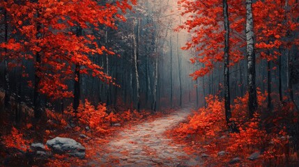 Fototapeta premium Forest trail with vibrant red leaves