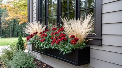 A decorative window box displays lush red chrysanthemums alongside tall ornamental grasses, creating a vibrant autumn scene near a charming home