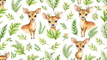 Fototapeta premium Watercolor seamless pattern with cute deer and greenery aerial