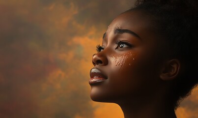 young black woman with tears of joy looking heavenward touched by gods grace inspirational