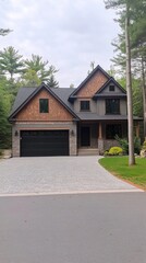 A contemporary home featuring wooden paneling and spacious glass windows sits amidst lush greenery, showcasing a welcoming entrance and a stylish garage