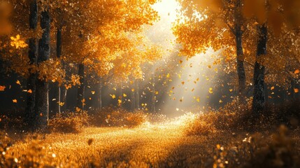 Fototapeta premium Golden leaves in a forest clearing