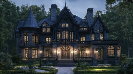 Fototapeta premium Gothic-style home with ornate details.