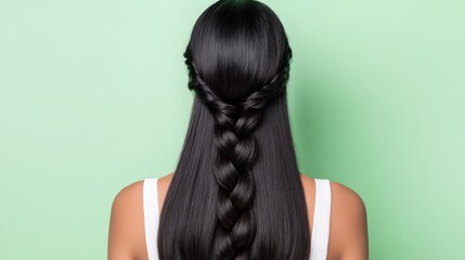 Elegant braided hairstyle on woman with long black hair against pastel green background