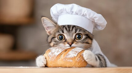 Cute kitten baker holding freshly baked bread in adorable chef hat