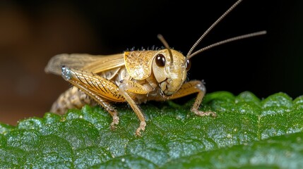 Fototapeta premium Close-up of grasshopper on leaf in natural habitat with detailed texture