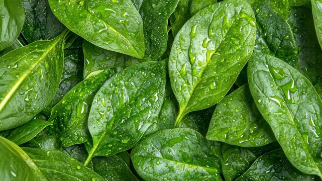 Fresh spinach leaves are covered in dewdrops