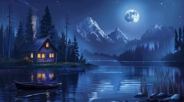 Glowing wooden house reflects on calm lake surface under starry night sky
Seamless looping 4k time-lapse virtual video animation Generated AI