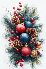 Festive Christmas arrangement with pinecones, baubles, and berries.