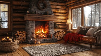 Log cabin with a cozy fireplace.
