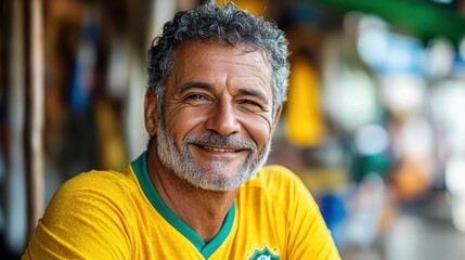 Naklejka premium Middle-aged Brazilian man with a soccer jersey and a kind expression.