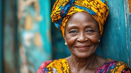 Fototapeta premium Middle-aged Nigerian woman with a colorful dress and a friendly expression.