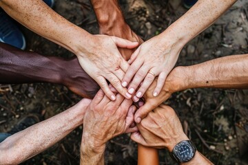 A close-up of diverse hands joined together in unity, symbolizing teamwork, diversity, and solidarity.