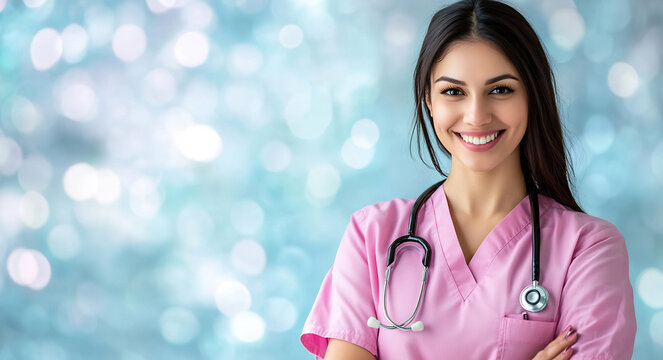 Smiling healthcare worker in pink scrubs with stethoscope in a bright, bokeh background during daytime - Powered by Adobe