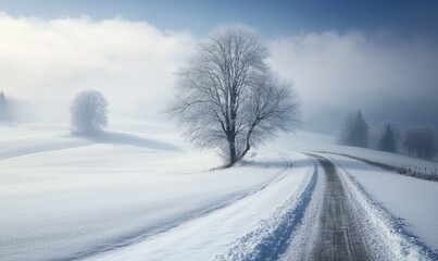 Fototapeta premium A snowy road with a tree in the middle