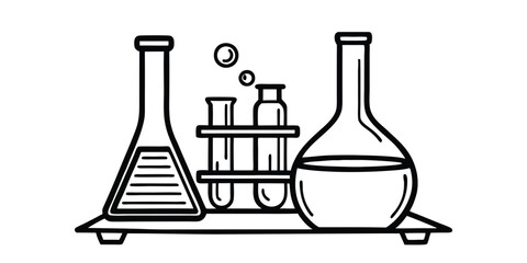 Chemical laboratory with flasks and tubes sketch outline style vector