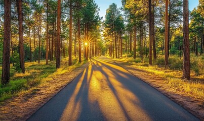 Fototapeta premium Paved road through a forest of tall pine trees with sunbeams casting long shadows