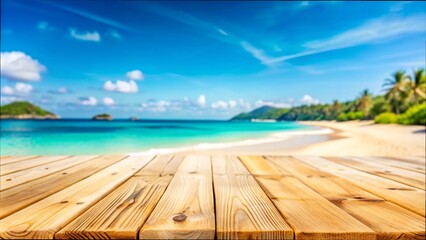 Fototapeta premium Wooden table on the beach, with a blurred view of turquoise water and a clear blue sky in the background.