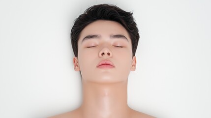 Tranquil serenity: peaceful young man with eyes closed in minimalist setting