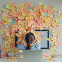 Overwhelmed office worker covered in colorful sticky notes
