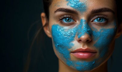 Portrait of beautiful woman with blue cream mask on her face