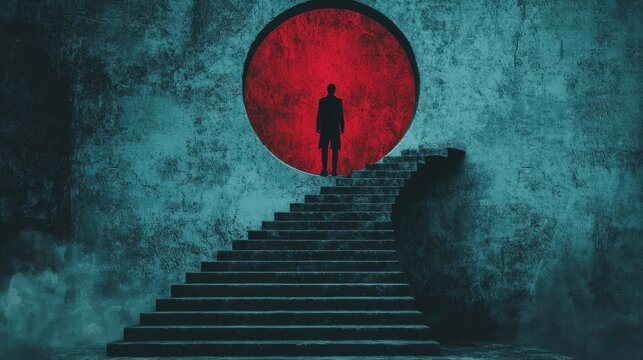 Silhouetted figure ascending stairs towards vibrant red circle on abstract background