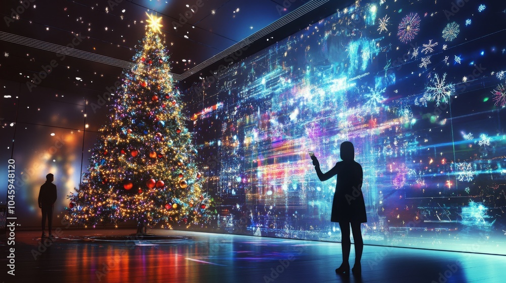 Poster a large christmas tree lights up a bright room, while someone interacts with a digital display featu