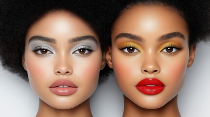 Dual beauty: striking makeup styles on two faces with elegant eyeshadows and bold lips