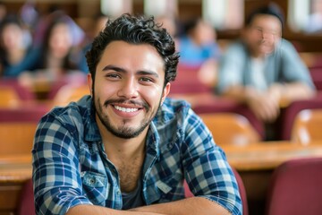 Obraz premium A cheerful Latino American university student seated in a classroom, exuding confidence and positivity, with classmates in the background.