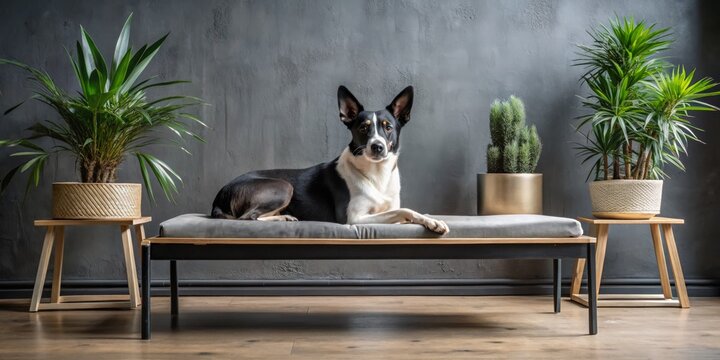 Black and White Dog on a Bench in a Minimalist Room, Interior Design, Pet Photography, Home Decor, Dog Lifestyle