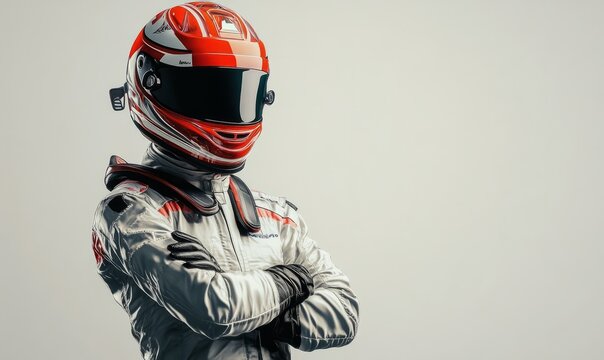 Racer wearing protective suit and helmet is standing with arms crossed