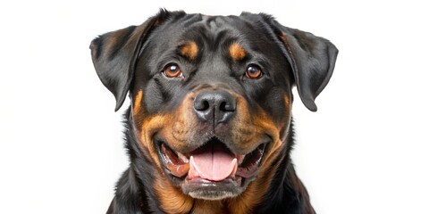 Fototapeta premium Close-Up Portrait of a Rottweiler with Tongue Out, White Background, Dog, Canine, Portrait, Animal, Pet