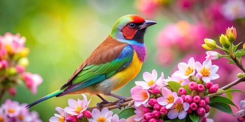 Fototapeta premium Colorful Bird Perched on Pink Flowers, Close-up , Nature , Wildlife