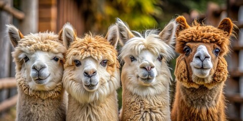 Four Alpaca Portraits Close-up of fluffy faces with curious eyes and soft fur, alpaca, mammal, farm animal