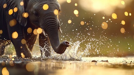   Elephant splashes water in close-up with its trunk lifted