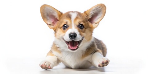 Obraz premium Happy Welsh Corgi Puppy With Big Ears, White Background, Animal Photography, Dog, Puppy ,welsh corgi, puppy
