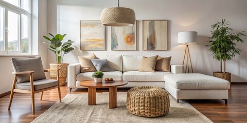 Modern Living Room Interior Design with White Sofa, Wooden Floor and Wicker Accents, interior design, living room