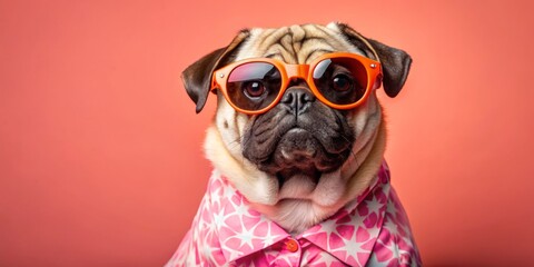Fototapeta premium Pug Wearing Sunglasses and Pink Shirt, Portrait, Dog, Pet
