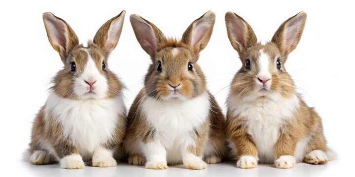 Three Adorable Brown and White Bunnies, Close Up, White Background, Animal, Pet ,bunny, rabbit