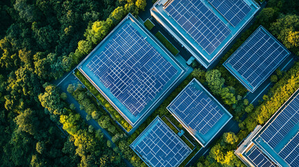 Aerial view of a large-scale data center powered by sustainable energy with solar panels on the roof